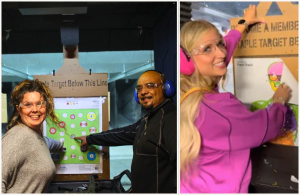 Shooting range instruction collage showing a trainer and participants during a safety demonstration