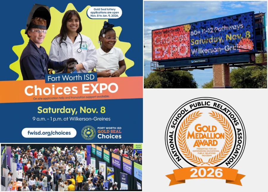 Fort Worth ISD Choices Expo collage featuring education pathways, event promotion, attendees, and recognition
