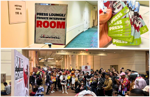 Anime Frontier collage showing press lounge signage, press passes, and convention attendees