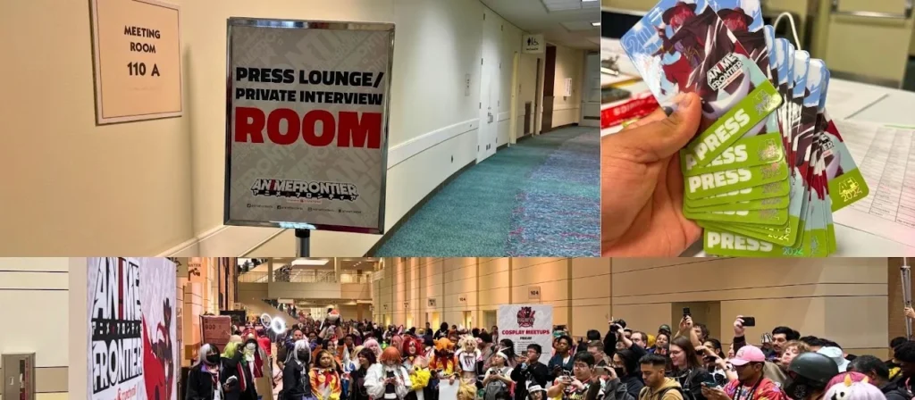 Press lounge signage, media badges, and a crowded fan convention floor during a major entertainment event in Fort Worth.